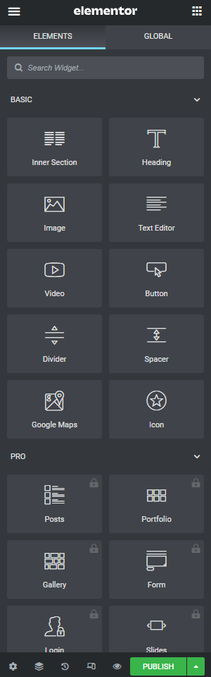 Elementor widgets panel with a flowers theme design