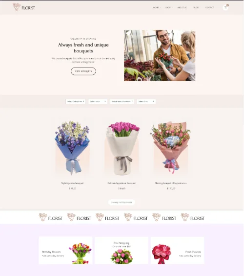 Florist website with fresh flower bouquets and floral arrangements.