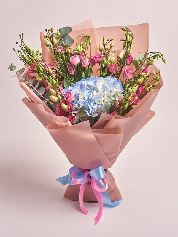 Elegant bouquet with pink and blue flowers, flowers theme