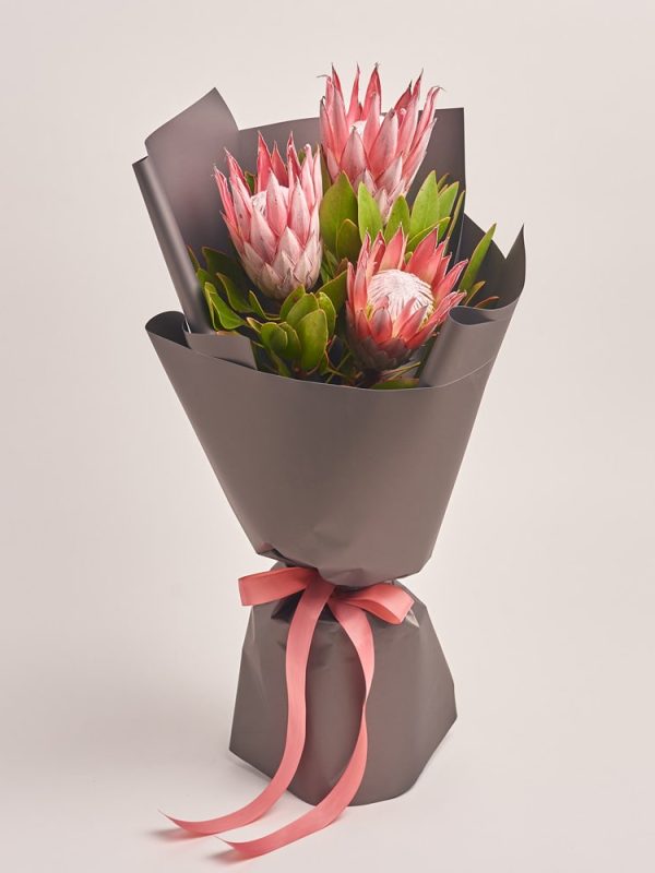 Elegant bouquet of pink protea flowers wrapped in gray paper